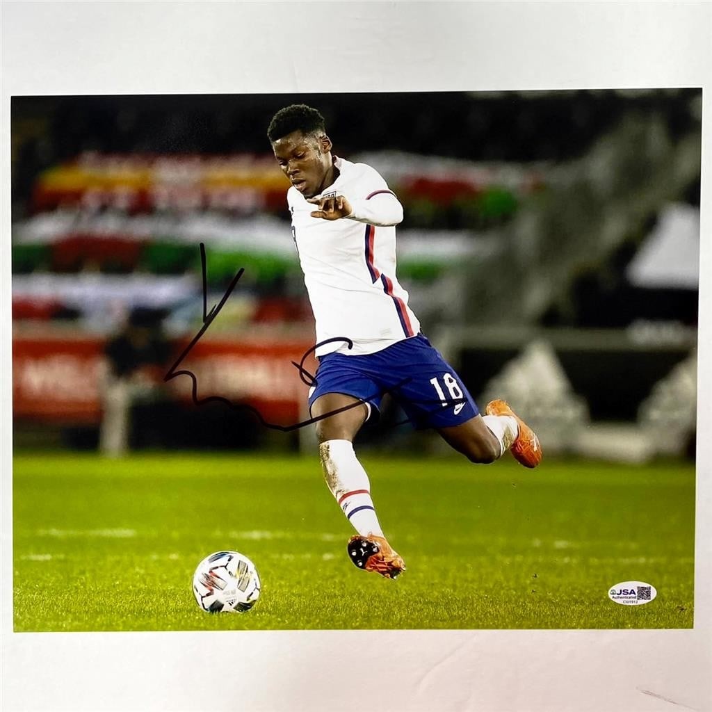 Autographed 11x14 Soccer Photograph Yunus Musah USA with JSA Authentication: Autographed 11x14 Soccer Photograph Yunus Musah USA with JSA Authentication This 11x14 photo features the autograph of Yunus Musah, a member of Team USA USMNT. The autograph has been authenticated by 