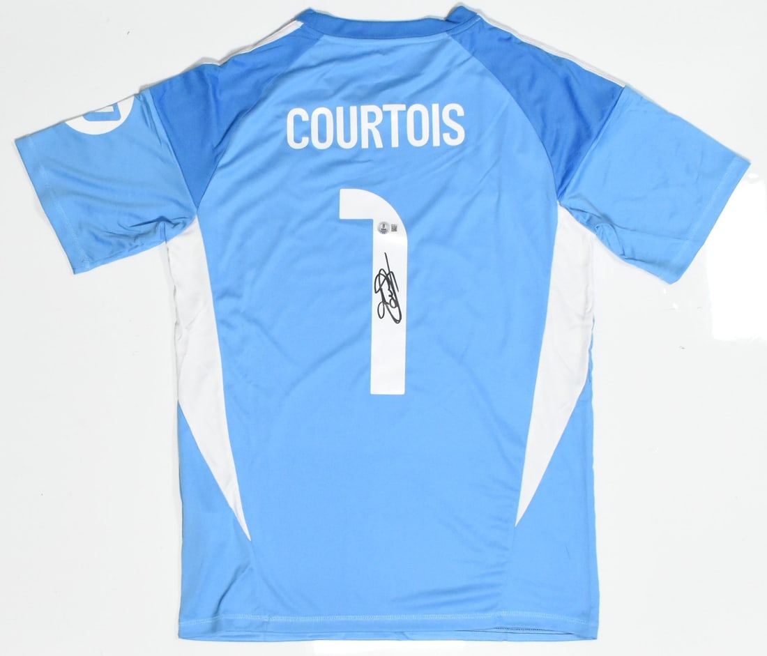 Real Madrid home jersey signed by Thibaut Courtois Beckett hologram: Real Madrid home jersey signed by Thibaut Courtois Beckett hologram This is a pre-owned Real Madrid home soccer jersey, autographed by Thibaut Courtois. The jersey features Courtois's number 1 and inc