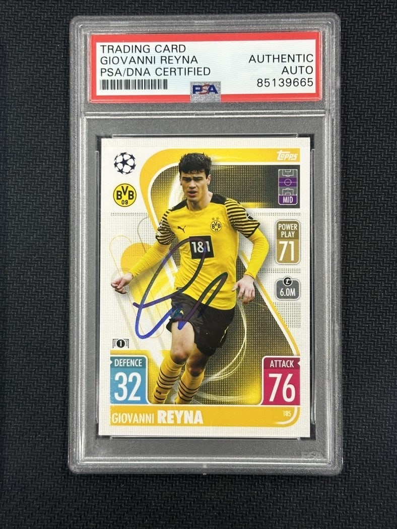 Giovanni Reyna 2021 Topps Match Attax Hand Signed PSA Authentic Soccer Card: Giovanni Reyna 2021 Topps Match Attax Hand Signed PSA Authentic Soccer Card This 2021 Topps Match Attax card features a hand-signed autograph by soccer player Giovanni Reyna, showcasing his affiliatio