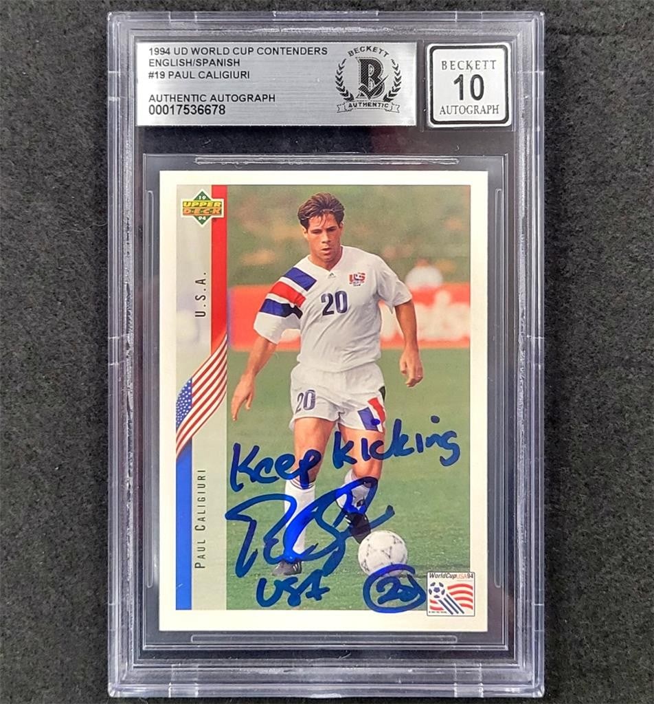 1994 Upper Deck Paul Caligiuri Autographed World Cup Card BAS 10: 1994 Upper Deck Paul Caligiuri Autographed World Cup Card BAS 10 This 1994 Upper Deck World Cup #19 trading card features Paul Caligiuri and is a must-have for soccer enthusiasts. The card is a hard-s