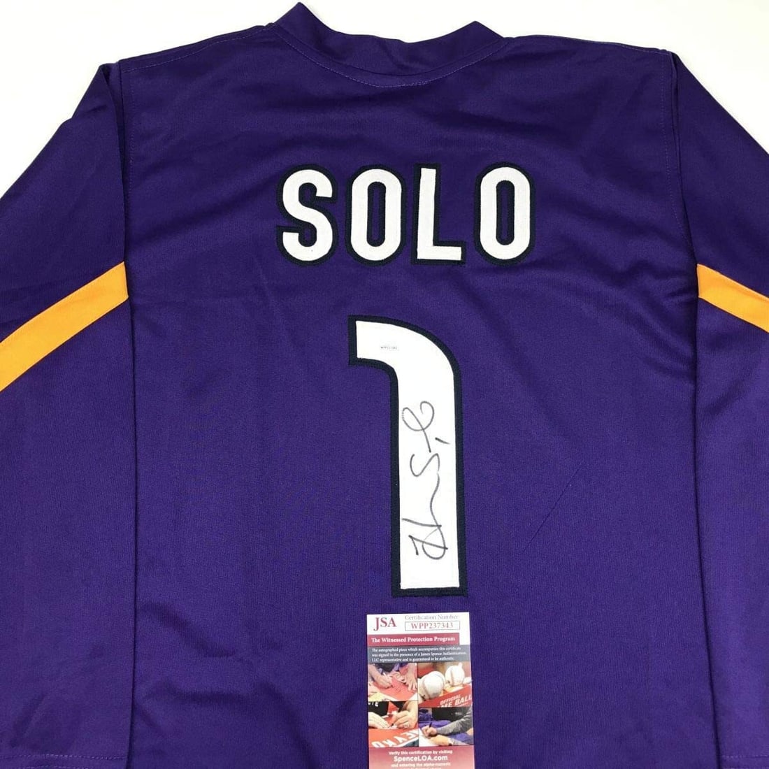 Hope Solo Signed Purple Long Sleeve USA Soccer Jersey JSA COA: Hope Solo Signed Purple Long Sleeve USA Soccer Jersey JSA COA Celebrate your love for soccer with this autographed Hope Solo Purple Long Sleeve Team USA Jersey. This custom jersey proudly displays the
