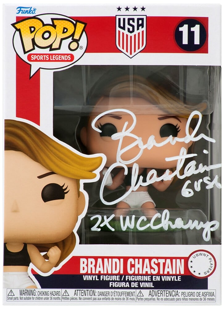 Brandi Chastain Signed Funko Pop Doll #11 2x WC Champs with COA: Brandi Chastain Signed Funko Pop Doll #11 2x WC Champs with COA Own a piece of soccer history with this Brandi Chastain signed USA Women's Soccer Funko Pop doll #11, featuring the inscription '2x WC C