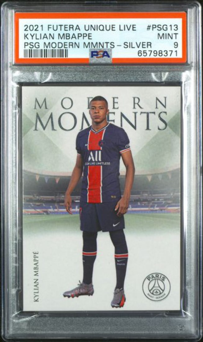 2021 Futera Unique Kylian Mbappe #PSG13 Silver Card /10 PSA 9: 2021 Futera Unique Kylian Mbappe #PSG13 Silver Card /10 PSA 9 This is a graded 2021 Futera Unique Live PSG MM Kylian Mbappe #PSG13 Silver Card, numbered /10 and graded PSA 9. The card features Kylian 