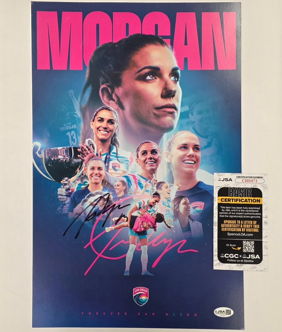 Alex Morgan autographed San Diego Wave soccer photo 11x17 JSA authenticated: Alex Morgan autographed San Diego Wave soccer photo 11x17 JSA authenticated This original 11x17 photo features Alex Morgan of the San Diego Wave and is hand-signed. The autograph is authenticated by J