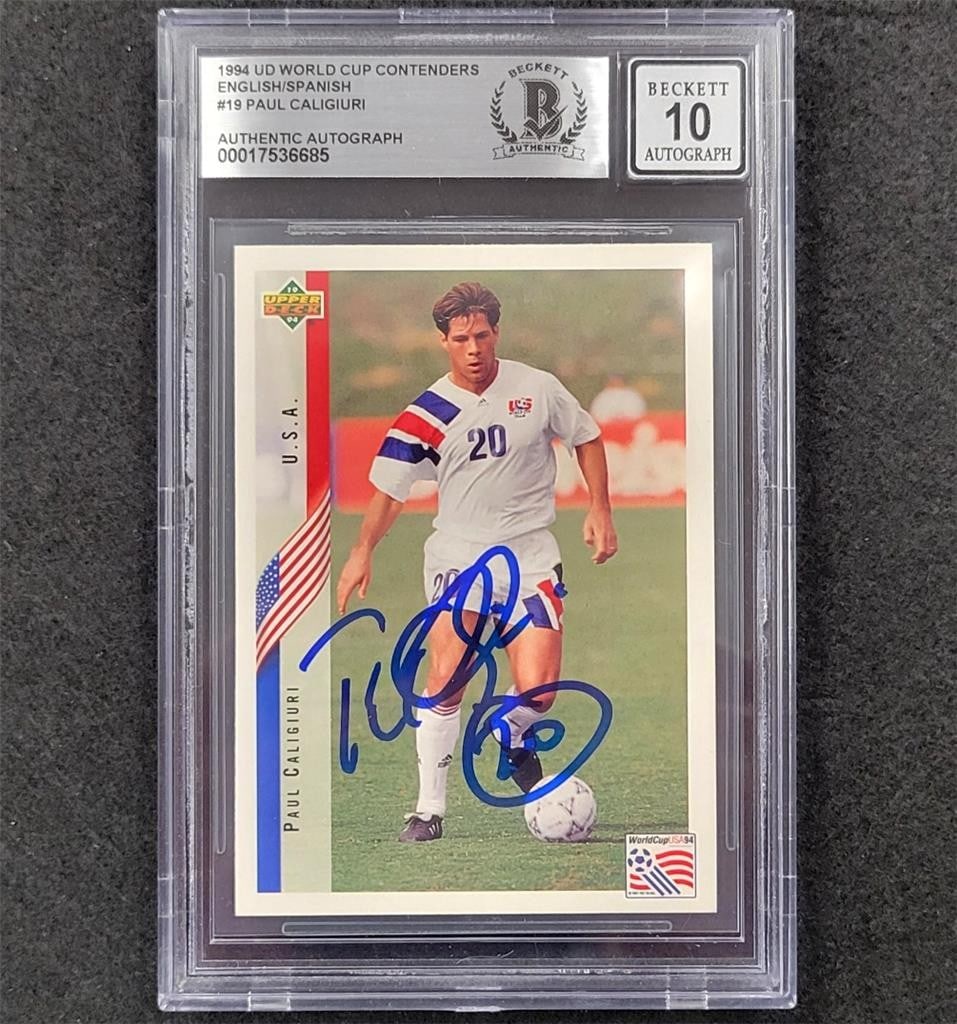 1994 Upper Deck Paul Caligiuri Signed World Cup Card Beckett BAS 10: 1994 Upper Deck Paul Caligiuri Signed World Cup Card Beckett BAS 10 Celebrate the thrilling moments of the 1994 FIFA World Cup with this autographed Paul Caligiuri trading card. This original sports t