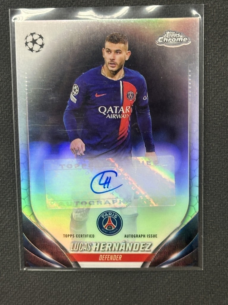 Lucas Hernandez 2023-24 Topps Chrome Refractor Autograph PSG Card CA-LH: Lucas Hernandez 2023-24 Topps Chrome Refractor Autograph PSG Card CA-LH This is a Lucas Hernandez 2023-24 Topps Chrome Refractor Autograph soccer card, featuring the renowned player from Paris Saint G