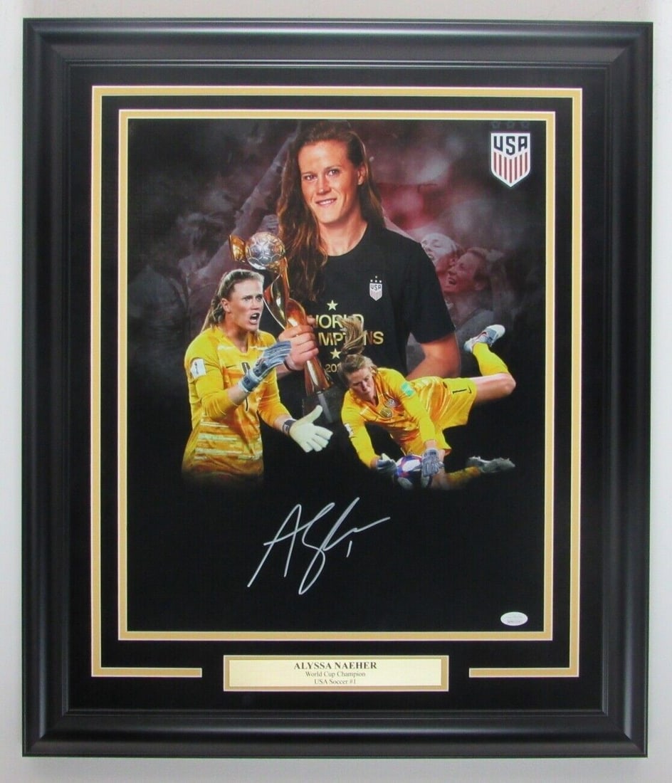 Framed 16x20 Photograph Signed by Alyssa Naeher with JSA Authentication: Framed 16x20 Photograph Signed by Alyssa Naeher with JSA Authentication This beautifully framed 16x20 photo of Alyssa Naeher, a key player of the USA Women's Soccer team, comes with a certified autogr