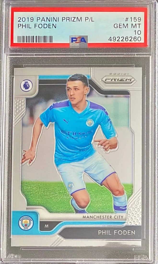 2019 Panini Prizm Phil Foden #159 PSA 10 Gem Soccer Card Authentic: 2019 Panini Prizm Phil Foden #159 PSA 10 Gem Soccer Card Authentic This is a 2019 Panini Prizm Premier League soccer card featuring Phil Foden, graded PSA 10 Gem by Professional Sports Authenticator (