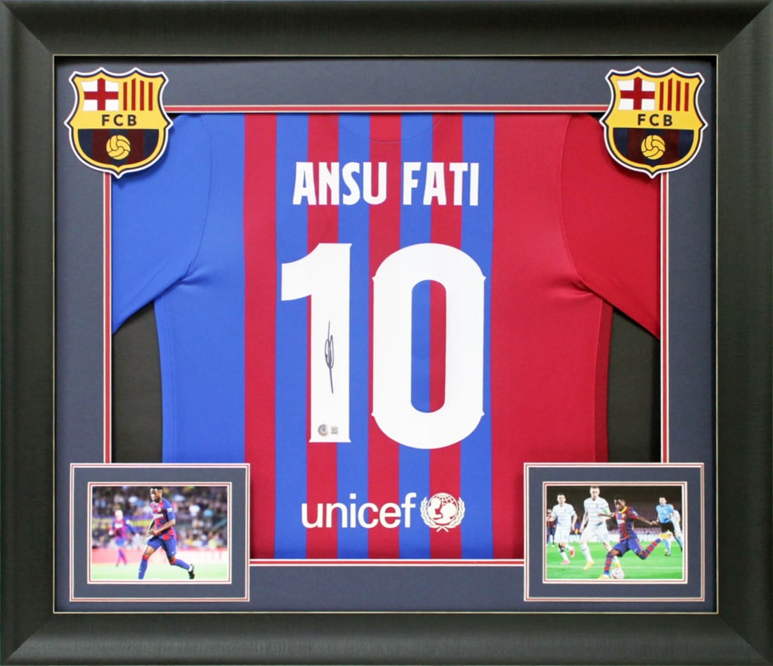 Ansu Fati Signed Framed Jersey Barcelona Nike Beckett Authenticated: Ansu Fati Signed Framed Jersey Barcelona Nike Beckett Authenticated This authentic signed jersey features the vibrant blue and red colors of the Barcelona Football Club and has been personally signed 