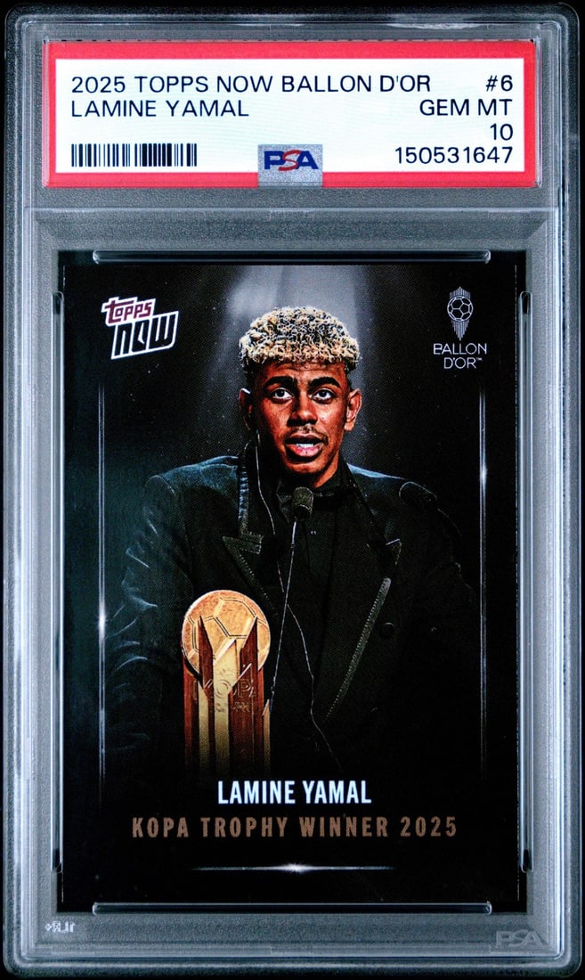 PSA 10 2025 Topps Now Ballon d'Or Lamine Yamal Soccer Card #6 Gem Mint: PSA 10 2025 Topps Now Ballon d'Or Lamine Yamal Soccer Card #6 Gem Mint This is an original 2025 Topps Now Ballon d'Or Lamine Yamal #6 soccer card, professionally graded and encapsulated by Professiona