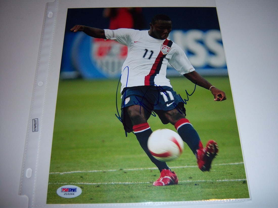Freddie Adu autographed 8x10 US soccer photo PSA DNA COA: Freddie Adu autographed 8x10 US soccer photo PSA DNA COA This is an original 8x10 photo signed by Freddie Adu, celebrated USA World Cup soccer star. The item is authenticated by PSA/DNA and includes a