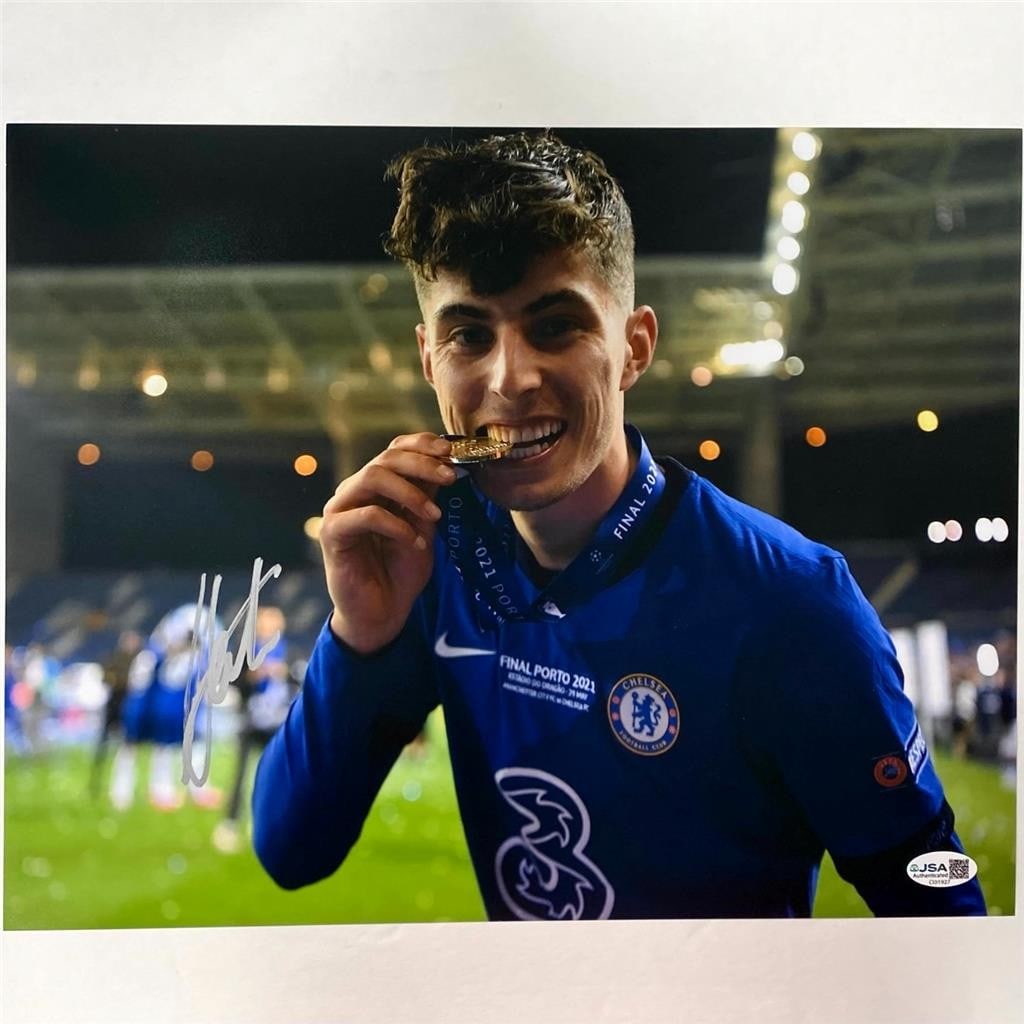 Kai Havertz autographed 11x14 Chelsea soccer photograph JSA authenticated: Kai Havertz autographed 11x14 Chelsea soccer photograph JSA authenticated This 11x14 photo features the autograph of Kai Havertz from Chelsea FC. The signature has been authenticated by James Spence A