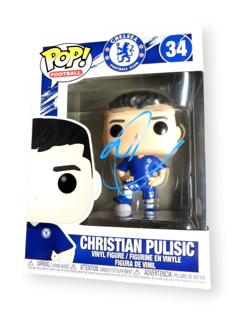 Christian Pulisic Autographed Chelsea FC Funko Pop JSA: Christian Pulisic Autographed Chelsea FC Funko Pop JSA This pre-owned Funko POP! figure features the autograph of Christian Pulisic, a prominent player for Chelsea Football Club. The signature has bee
