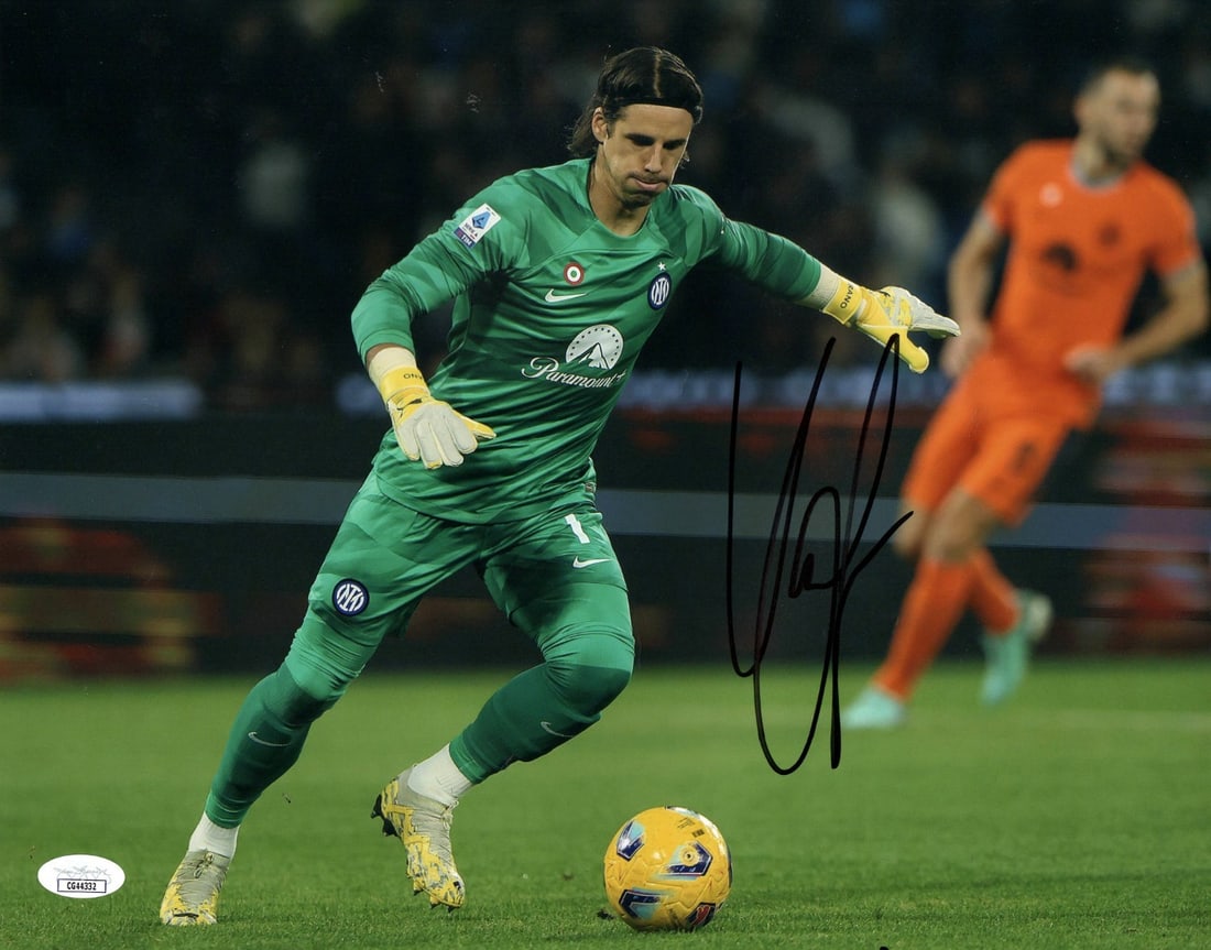 Yann Sommer Autographed 11x14 Photo Inter Milan JSA Certified: Yann Sommer Autographed 11x14 Photo Inter Milan JSA Certified This is an original autographed 11X14 photo of Yann Sommer, the talented goalkeeper of Inter Milan, in the midst of kicking a ball. The si