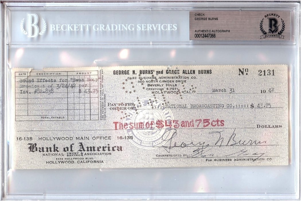 1942 George Burns Authentic Signed Check Beckett Certified Autograph (1 of 1)