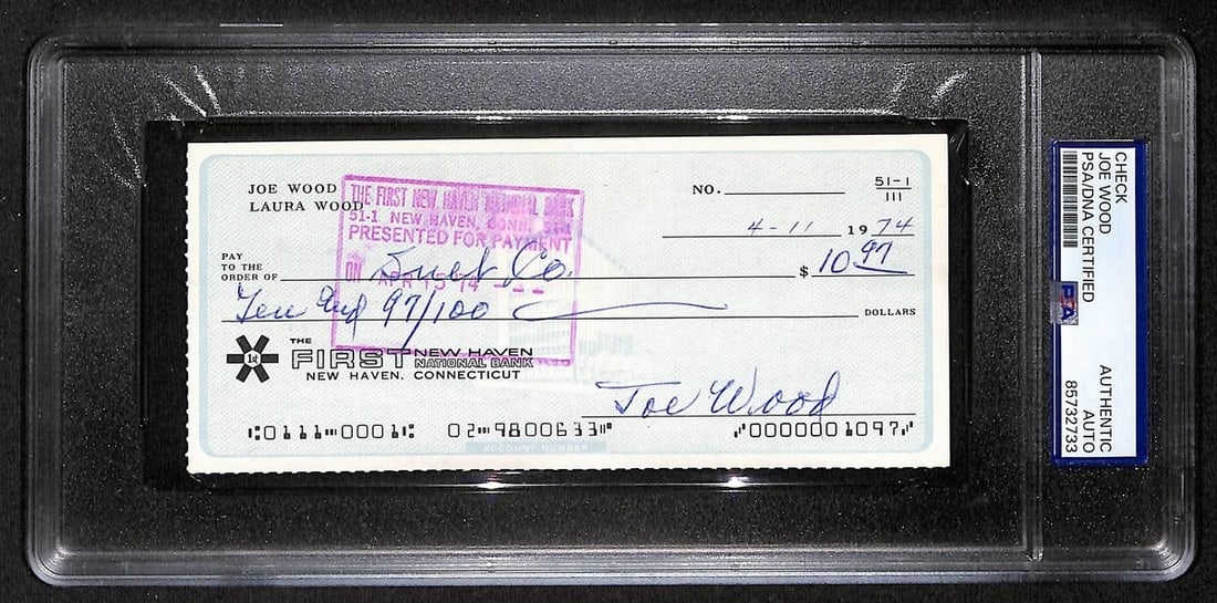 1974 Bank Check Signed by Smokey Joe Wood PSA DNA Boston Red Sox: 1974 Bank Check Signed by Smokey Joe Wood PSA DNA Boston Red Sox This is an original 1974 bank check signed by Hall of Famer Smokey Joe Wood, associated with the Boston Red Sox. The check has been aut