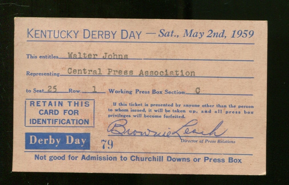 Original 1959 Kentucky Derby Ticket Stub Tomy Lee Willie Shoemaker Historic Pass (1 of 2)