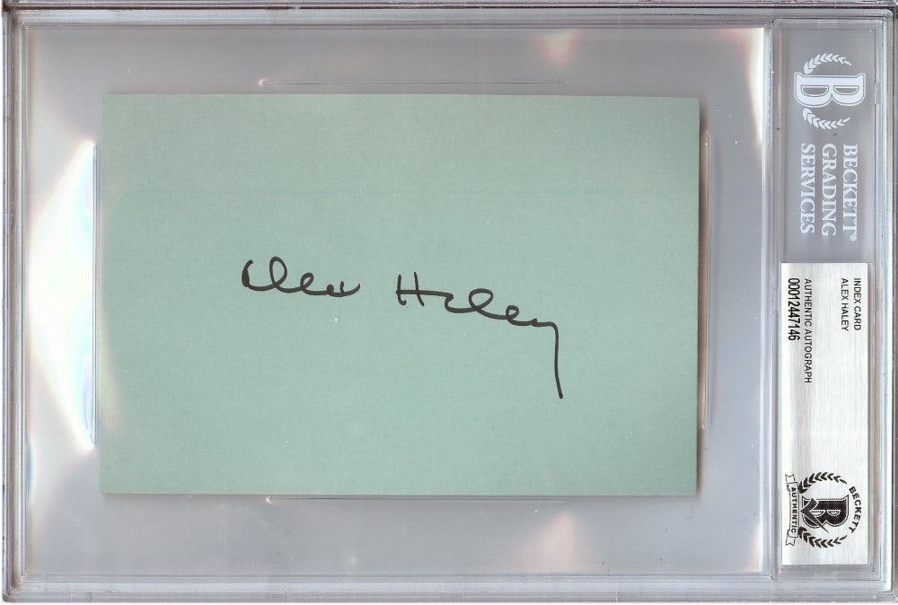 Alex Haley Autographed 4x6 Index Card Beckett Authenticated Roots Author: Alex Haley Autographed 4x6 Index Card Beckett Authenticated Roots Author This index card is autographed by Alex Haley, the renowned author of 'Roots.' The signature is authenticated by Beckett Authent