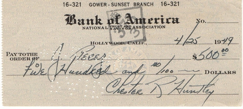 Bank Check Hand Signed by Chet Huntley with JSA Authentication: Bank Check Hand Signed by Chet Huntley with JSA Authentication This is an original bank check autographed by legendary newsman Chet Huntley. The signature has been authenticated by James Spence Authen