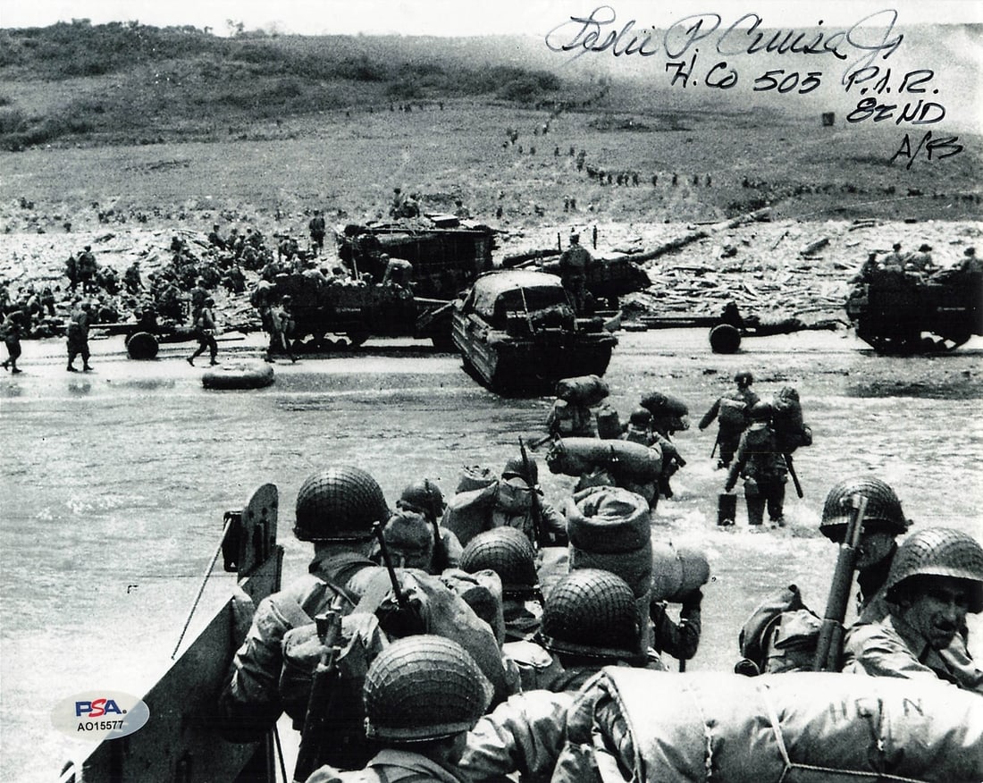 Leslie Cruise Autographed 8x10 D-Day Paratrooper Photo PSA/DNA Certified: Leslie Cruise Autographed 8x10 D-Day Paratrooper Photo PSA/DNA Certified This is a professionally printed 8x10 photograph featuring the signature of Leslie Cruise, renowned for his participation in D-