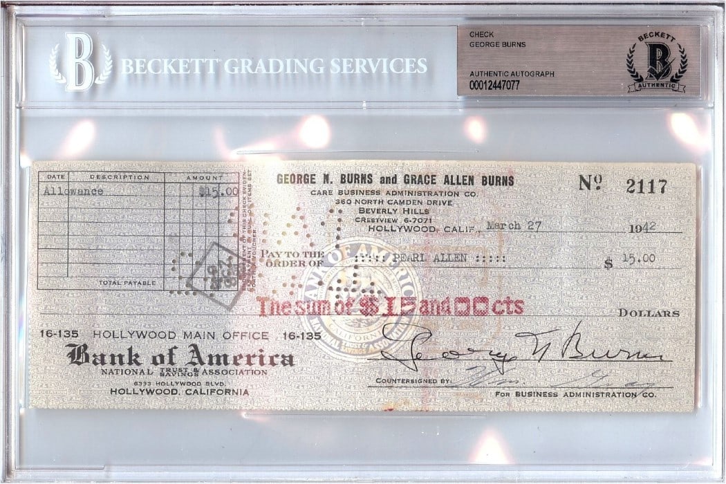 1942 George Burns Signed Personal Check Beckett Authenticated Hollywood Collectible (1 of 1)