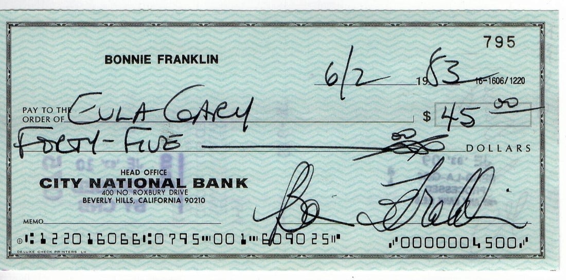 Bonnie Franklin JSA Authenticated Signed Bank Check One Day at a Time: Bonnie Franklin JSA Authenticated Signed Bank Check One Day at a Time This is an original bank check autographed by Bonnie Franklin, known for her role in "One Day at a Time." The signature on the che