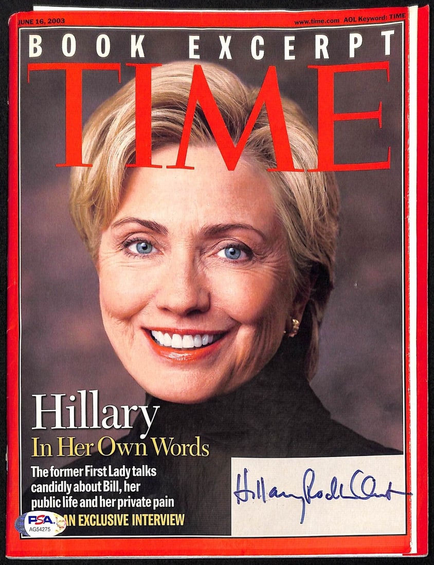 Hillary Clinton Signed 2003 Time Magazine PSA/DNA Authentication: Hillary Clinton Signed 2003 Time Magazine PSA/DNA Authentication This 2003 Time Magazine features a notable cover and is autographed by Hillary Clinton, making it a unique collectible for enthusiasts 