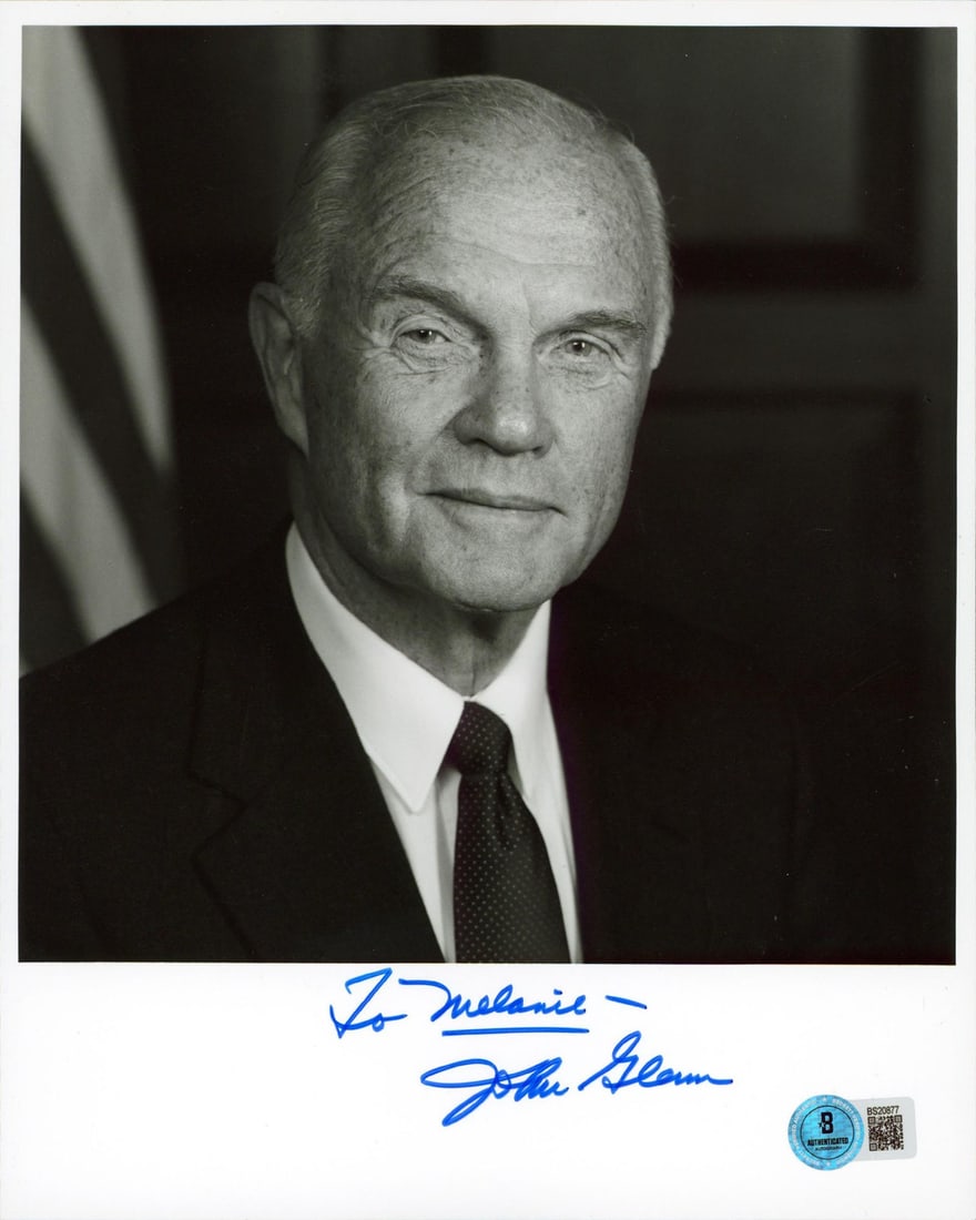 John Glenn Signed 8x10 Photo To Melanie NASA BAS Certified: John Glenn Signed 8x10 Photo To Melanie NASA BAS Certified This stunning 8x10 vertical photograph features the legendary NASA astronaut John Glenn, personally signed with the heartfelt inscription "To
