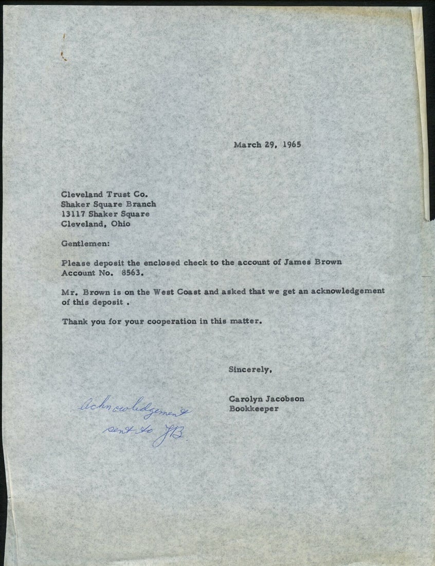 1965 Jim Brown Check Deposit Letter to Cleveland Trust Bank: 1965 Jim Brown Check Deposit Letter to Cleveland Trust Bank This is an original letter dated March 29, 1965, addressed to the Cleveland Trust Bank regarding a check deposit for NFL legend Jim Brown, w
