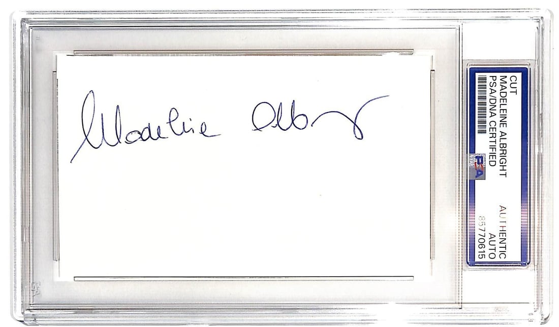 Madeleine Albright Signed 3x5 Cut Authenticated by PSA/DNA: Madeleine Albright Signed 3x5 Cut Authenticated by PSA/DNA This 3x5 cut features the autograph of Madeleine Albright, former United States Secretary of State. The signature is authenticated by PSA/DNA