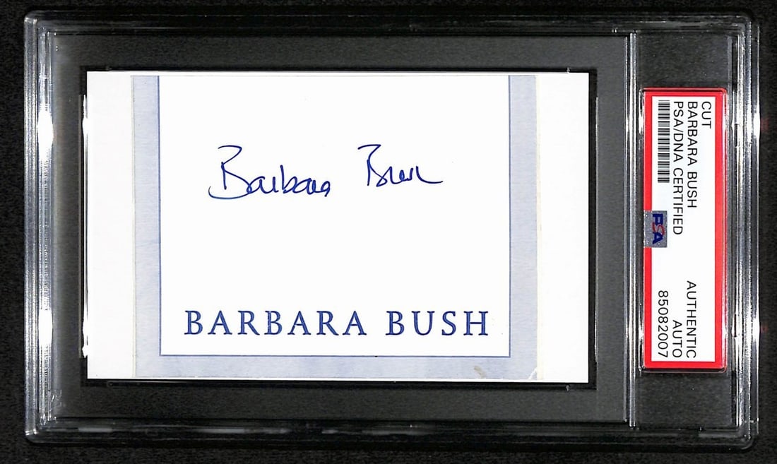 Barbbara Bush Autographed 3x5 Index Card PSA/DNA Certified: Barbbara Bush Autographed 3x5 Index Card PSA/DNA Certified This offering features a signed cut from Barbbara Bush, the former First Lady, displayed on a 3x5 index card. The autograph is authenticated 
