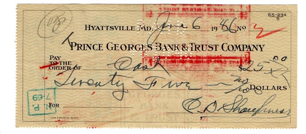 Clark Shaughnessy Signed Bank Check Chicago Bears JSA Authenticated: Clark Shaughnessy Signed Bank Check Chicago Bears JSA Authenticated This is an original bank check signed by Clark Shaughnessy, the renowned coach of the Chicago Bears. The autograph has been authenti