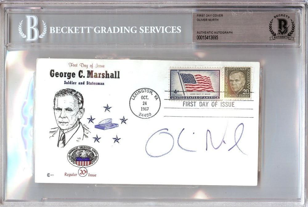 First Day Cover Signed by Oliver North with Beckett Authentication: First Day Cover Signed by Oliver North with Beckett Authentication This is an original First Day Cover autographed by Oliver North. The item has been authenticated and encased by Beckett Authenticatio