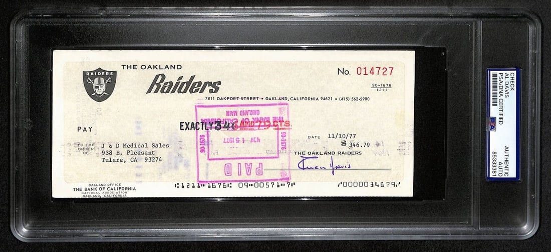 Al Davis Autographed Bank Check Raiders PSA/DNA 8.5x3.5: Al Davis Autographed Bank Check Raiders PSA/DNA 8.5x3.5 This is an original bank check measuring 8.5x3.5 inches, signed by Al Davis, the Hall of Fame figure associated with the Oakland Raiders. The ch