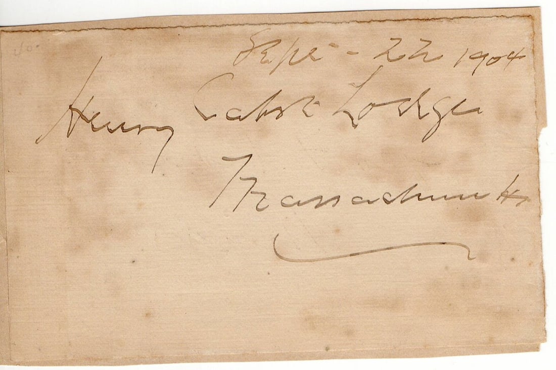 Henry Cabot Lodge Sr. Autographed Cut Signature 3 x 5 Beckett Authenticated: Henry Cabot Lodge Sr. Autographed Cut Signature 3 x 5 Beckett Authenticated This is an original autographed cut signature of Henry Cabot Lodge Sr., measuring approximately 3 x 5 inches. The signature 