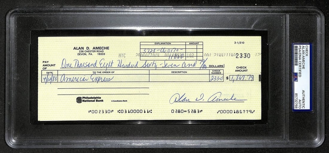 1988 Bank Check Signed by Alan Ameche PSA/DNA Authenticated Heisman Winner: 1988 Bank Check Signed by Alan Ameche PSA/DNA Authenticated Heisman Winner This is an original 1988 bank check signed by Alan Ameche, the 1954 Heisman Trophy winner from Wisconsin and member of the Ba