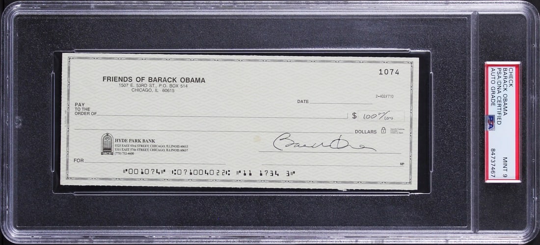 Barack Obama Signed 3x8 Check Mint 9 PSA/DNA Authenticated: Barack Obama Signed 3x8 Check Mint 9 PSA/DNA Authenticated This authentic autographed 3x8 check from the Friends of Barack Obama has been personally signed by Barack Obama and graded Mint 9 by PSA/DNA