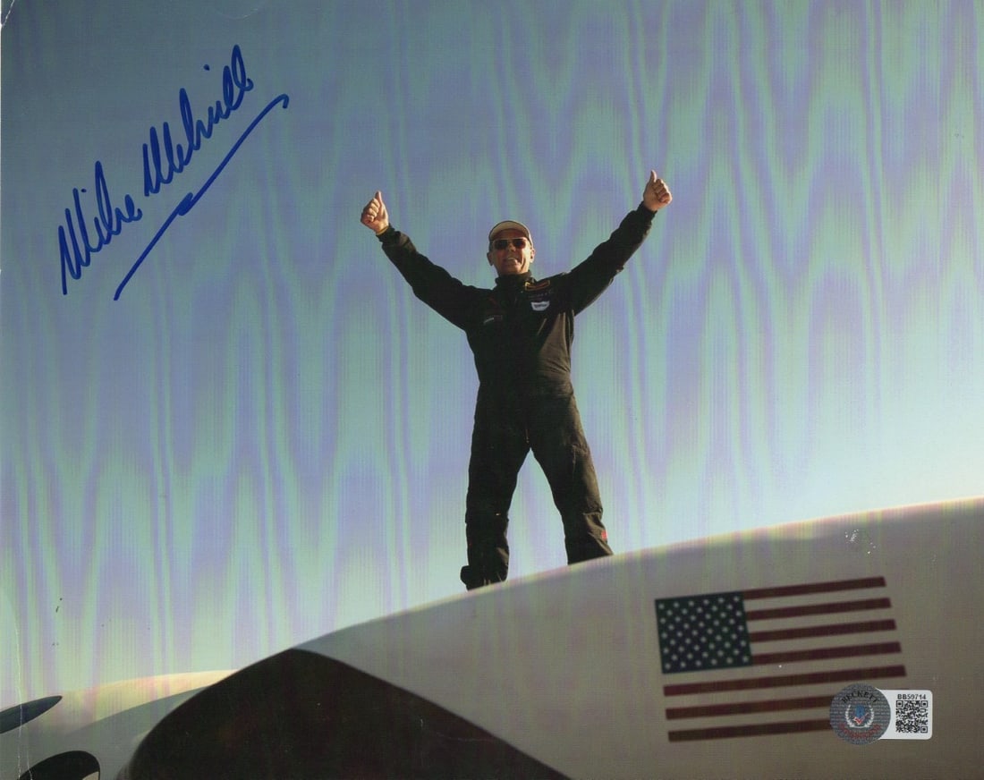 Mike Melvill Autographed 8X10 SpaceShipOne Photo Beckett Authenticated: Mike Melvill Autographed 8X10 SpaceShipOne Photo Beckett Authenticated This is an original 8x10 photograph signed by Mike Melvill, the renowned pilot of SpaceShipOne. Authenticated by Beckett Authenti