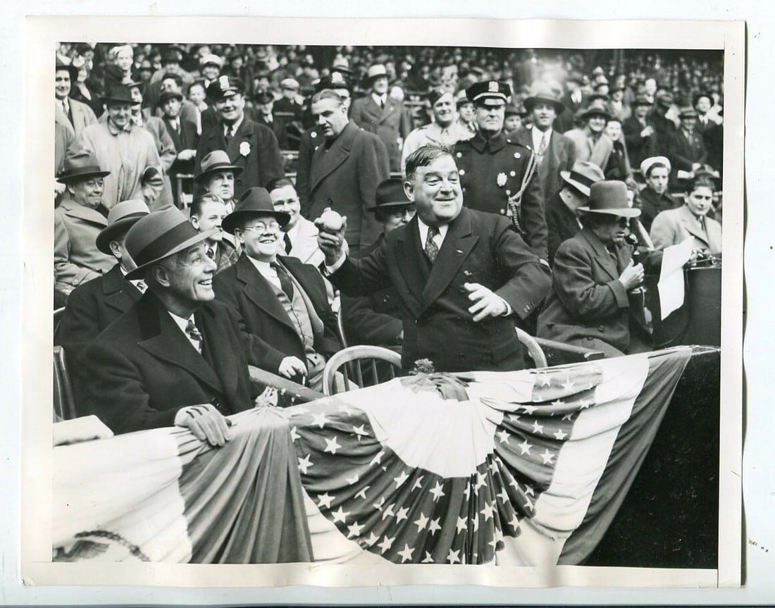 1943 Fiorello La Guardia First Pitch Photo New York Politics: 1943 Fiorello La Guardia First Pitch Photo New York Politics This historical photograph features Mayor Fiorello La Guardia during the first pitch of the baseball season in New York, captured in 1943. 