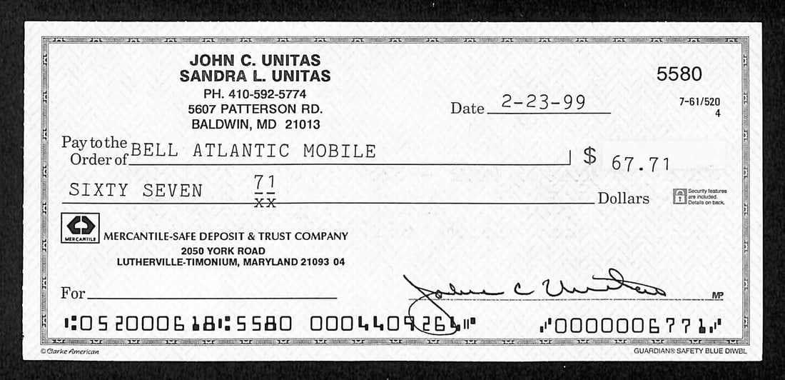 Johnny Unitas HOF Autographed 1999 Bank Check Baltimore Colts JSA Certified: Johnny Unitas HOF Autographed 1999 Bank Check Baltimore Colts JSA Certified This original Johnny Unitas Hall of Fame signed 1999 bank check from the Baltimore Colts is a remarkable collectible for any