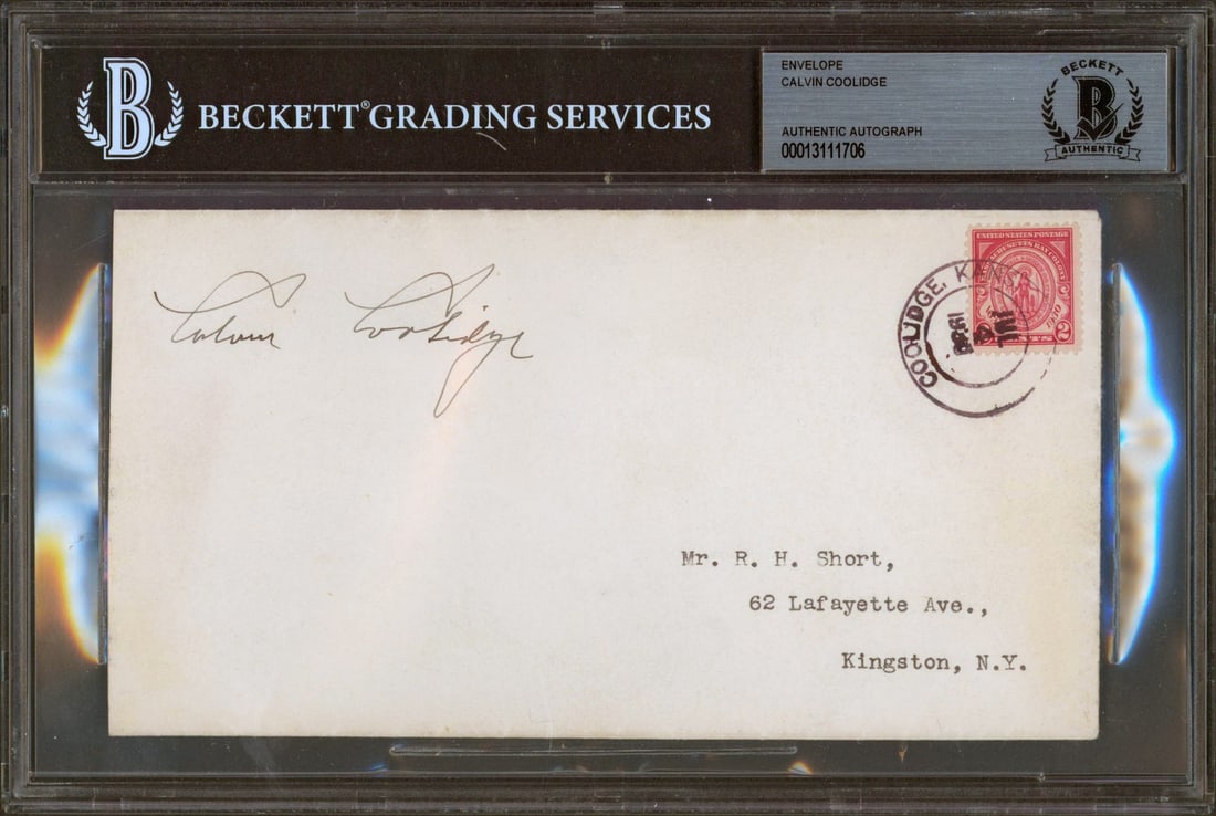 Beckett Slabbed Calvin Coolidge Autographed 4x7.25 Envelope: Beckett Slabbed Calvin Coolidge Autographed 4x7.25 Envelope This is an original 4x7.25 inch envelope postmarked July 4, 1930, personally signed by Calvin Coolidge. The envelope has been authenticated 