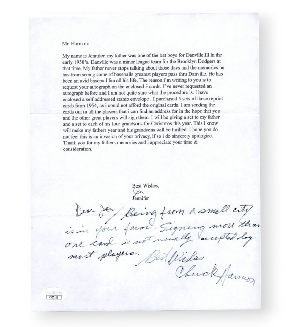 Chuck Harmon Autographed Letter St. Louis Cardinals JSA Certified (1 of 2)