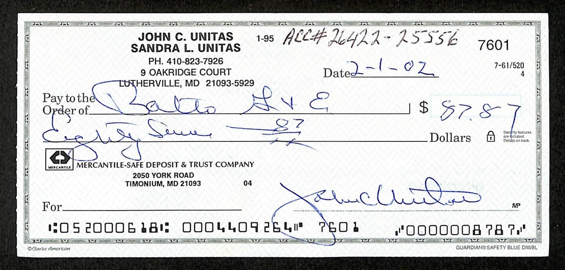 Johnny Unitas HOF Autographed 2002 Bank Check Baltimore Colts JSA Certified: Johnny Unitas HOF Autographed 2002 Bank Check Baltimore Colts JSA Certified This is an original autographed bank check from 2002, signed by football legend Johnny Unitas, a Hall of Famer known for his