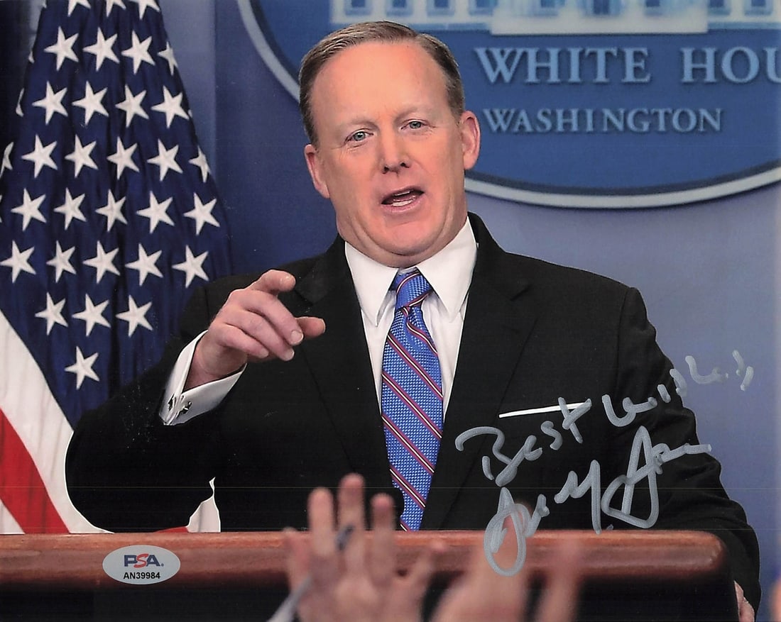 Sean Spicer Autographed 8x10 Photo PSA/DNA Certified: Sean Spicer Autographed 8x10 Photo PSA/DNA Certified This is a professionally printed 8x10 photo featuring the signature of Sean Spicer. The autograph has been authenticated by PSA/DNA, ensuring its a