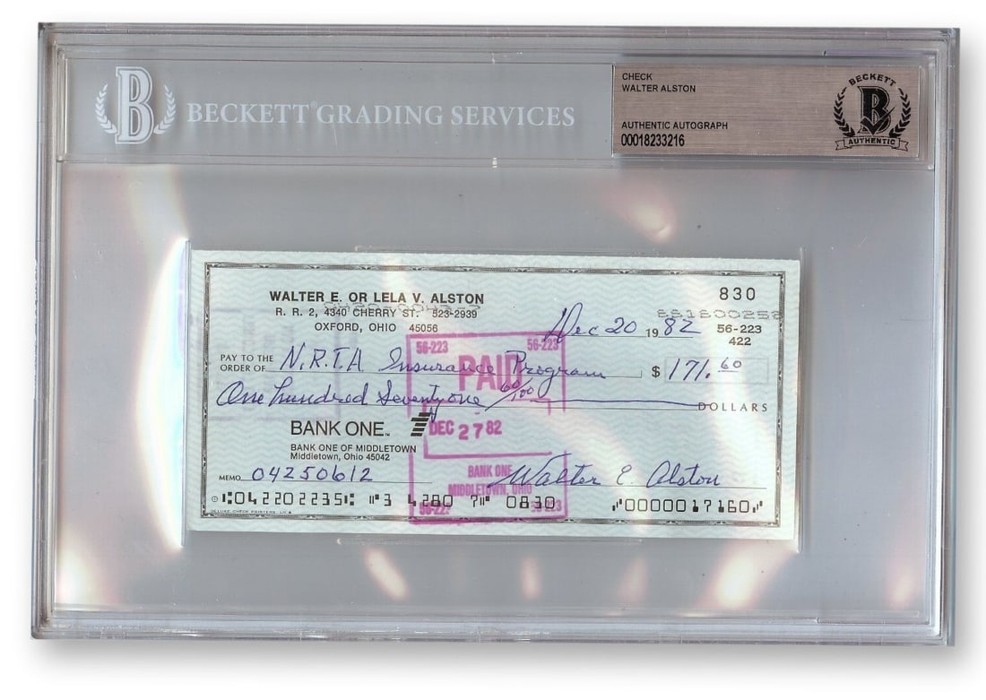 Walter Aston Autographed Bank Check Dodgers HOF 1982 Beckett Authenticated (1 of 1)