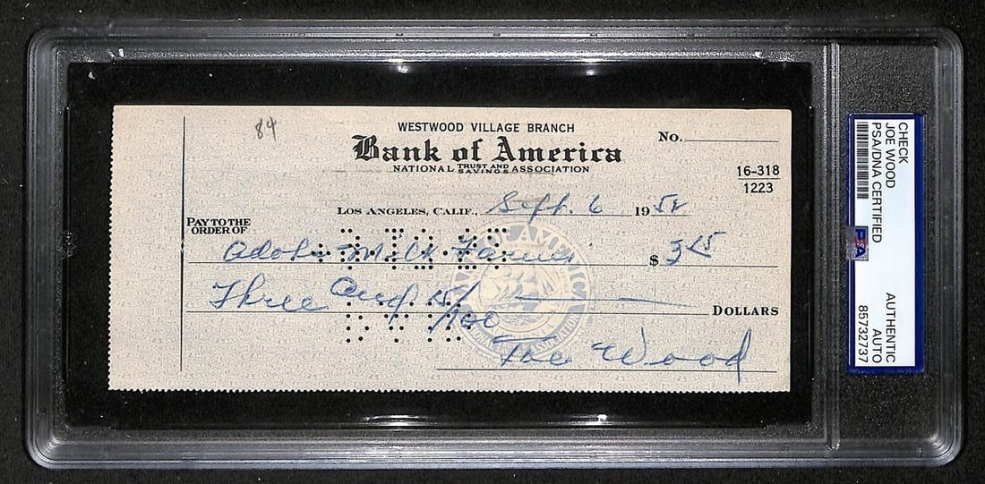 1952 Bank Check Signed by Smokey Joe Wood PSA DNA Authenticated: 1952 Bank Check Signed by Smokey Joe Wood PSA DNA Authenticated This is an original 1952 bank check signed by Hall of Famer Smokey Joe Wood of the Boston Red Sox. The check has been authenticated by P