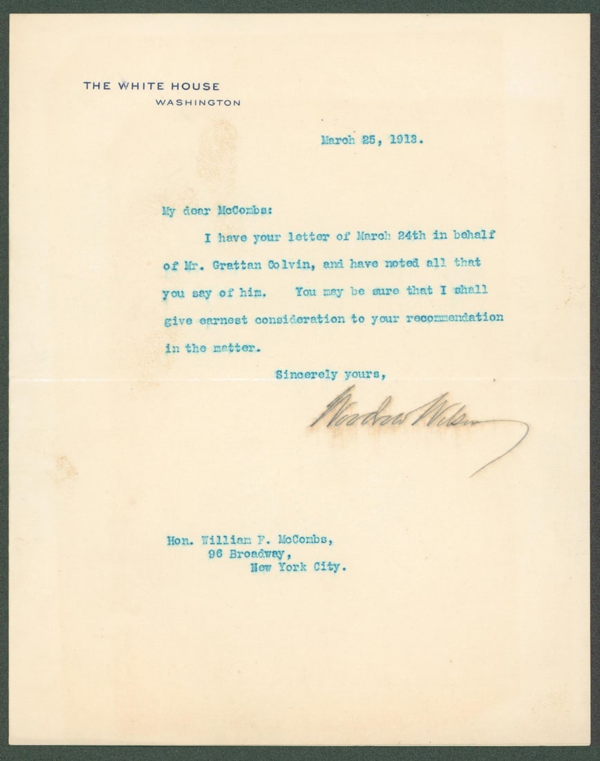 Woodrow Wilson Signed Letter 1913 on White House Letterhead Beckett Authenticated: Woodrow Wilson Signed Letter 1913 on White House Letterhead Beckett Authenticated This is an authentic letter signed by Woodrow Wilson, dated March 25, 1913, on official White House letterhead. Measur