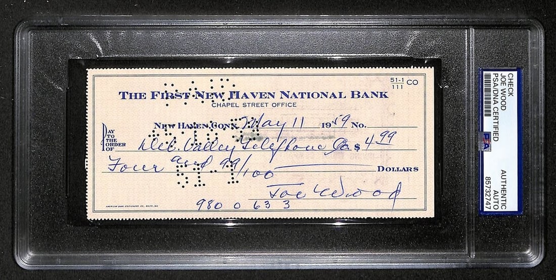 1959 Boston Red Sox Bank Check Signed by Smokey Joe Wood PSA DNA Authenticated: 1959 Boston Red Sox Bank Check Signed by Smokey Joe Wood PSA DNA Authenticated This is an original 1959 bank check signed by Hall of Famer Smokey Joe Wood, associated with the Boston Red Sox. The chec