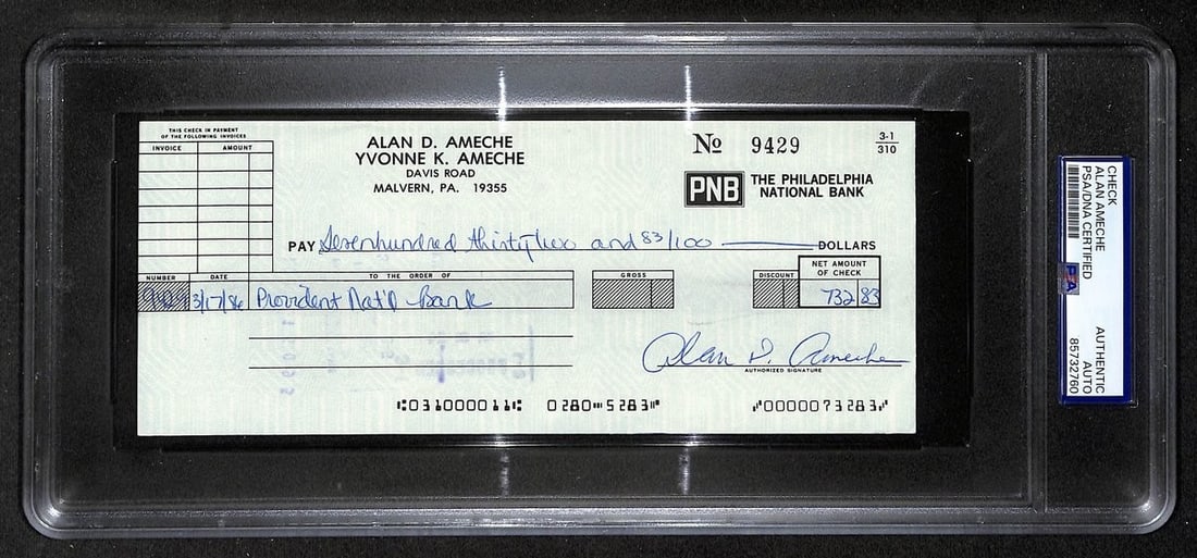 1986 Alan Ameche Autographed Bank Check PSA DNA Encapsulated Heisman Wisconsin: 1986 Alan Ameche Autographed Bank Check PSA DNA Encapsulated Heisman Wisconsin This is an original 1986 bank check signed by Alan Ameche, the 1954 Heisman Trophy winner from Wisconsin and former Balti