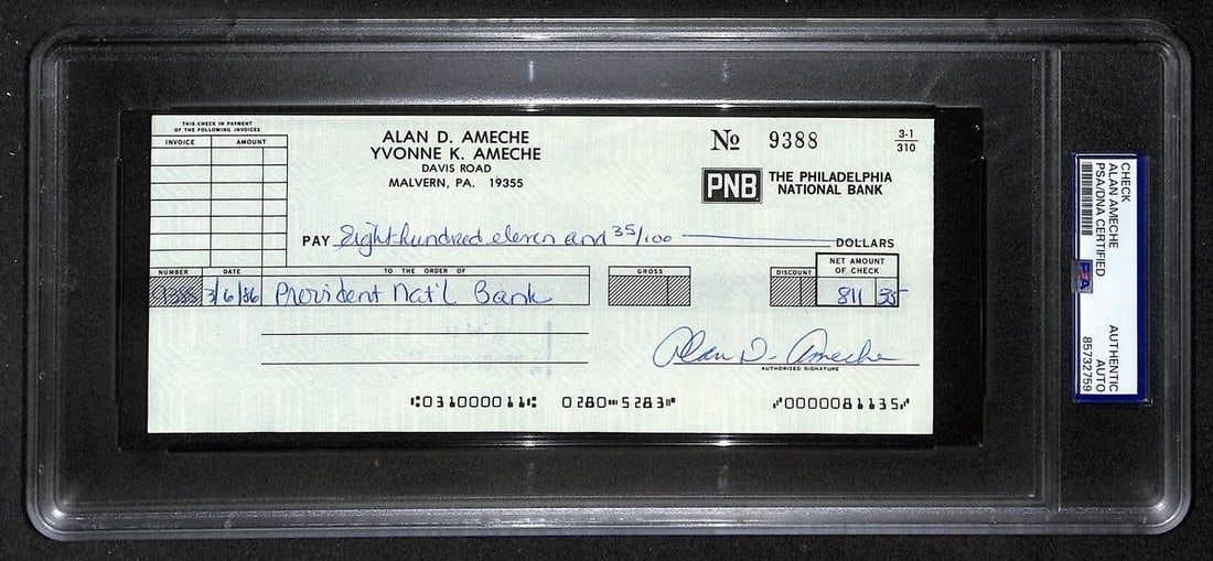 1986 Bank Check Signed by Alan Ameche 1954 Heisman Winner PSA DNA Authenticated: 1986 Bank Check Signed by Alan Ameche 1954 Heisman Winner PSA DNA Authenticated This is an original 1986 bank check personally signed by Alan Ameche, the 1954 Heisman Trophy winner from Wisconsin and 